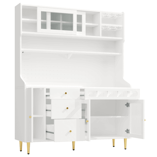 Armário alto para sala 145x39x171 cm - prateleiras ajustáveis, LED, gaveta com garrafeira - branco Armário alto para sala 145x39x171 cm - prateleiras ajustáveis, LED, gaveta com garrafeira - branco