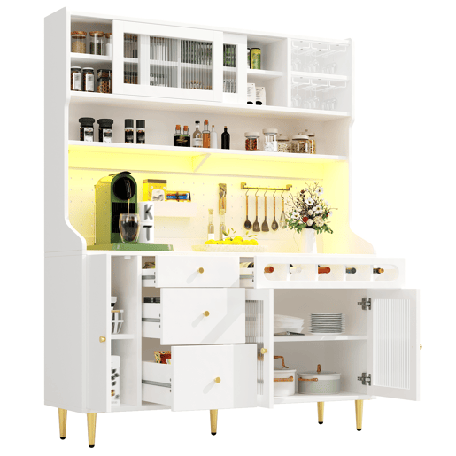 Armário alto para sala 145x39x171 cm - prateleiras ajustáveis, LED, gaveta com garrafeira - branco Armário alto para sala 145x39x171 cm - prateleiras ajustáveis, LED, gaveta com garrafeira - branco