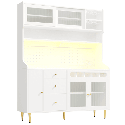 Armário alto para sala 145x39x171 cm - prateleiras ajustáveis, LED, gaveta com garrafeira - branco Armário alto para sala 145x39x171 cm - prateleiras ajustáveis, LED, gaveta com garrafeira - branco