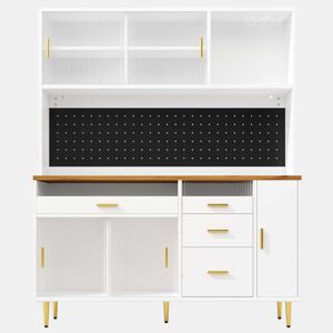 Armário alto para sala 145x24x171 cm - com LED e prateleiras tipo painel perfurado - Branco