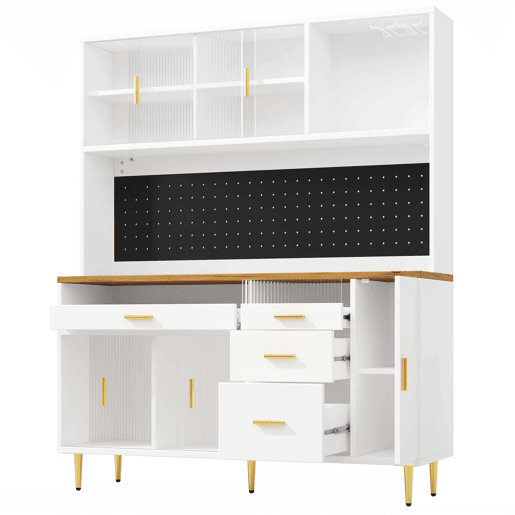 Armário alto para sala 145x24x171 cm - com LED e prateleiras tipo painel perfurado - Branco Armário alto para sala 145x24x171 cm - com LED e prateleiras tipo painel perfurado - Branco