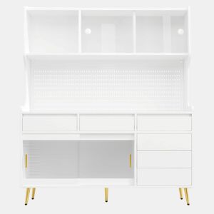 Aparador alto 145x39x171 cm - LED, App, gaveta, prateleira com painel perfurado - Branco
