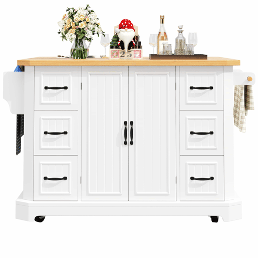 Ilha de cozinha móvel 120x45x91 cm - 2 portas, 6 gavetas, rodas - Branco