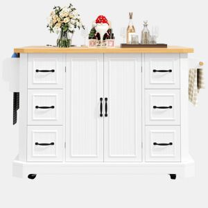 Ilha de cozinha móvel 120x45x91 cm - 2 portas, 6 gavetas, rodas - Branco