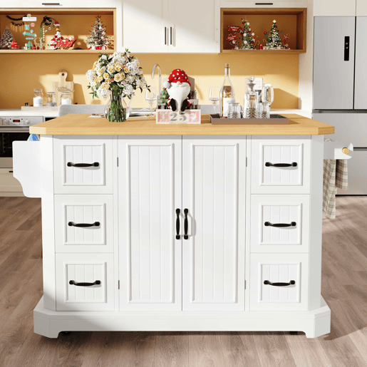 Ilha de cozinha móvel 120x45x91 cm - 2 portas, 6 gavetas, rodas - Branco