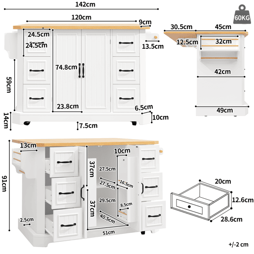 Ilha de cozinha móvel 120x45x91 cm - 2 portas, 6 gavetas, rodas - Branco
