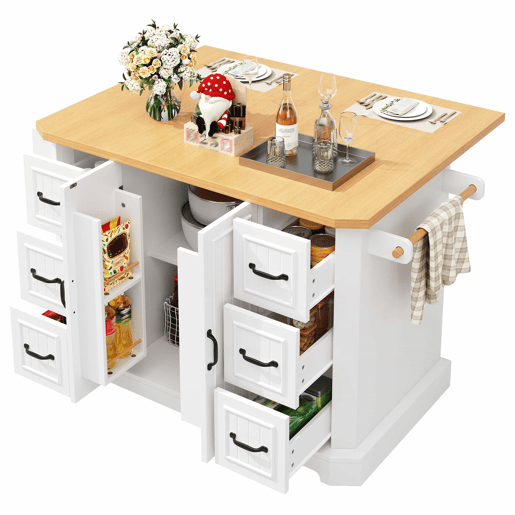 Ilha de cozinha móvel 120x45x91 cm - 2 portas, 6 gavetas, rodas - Branco