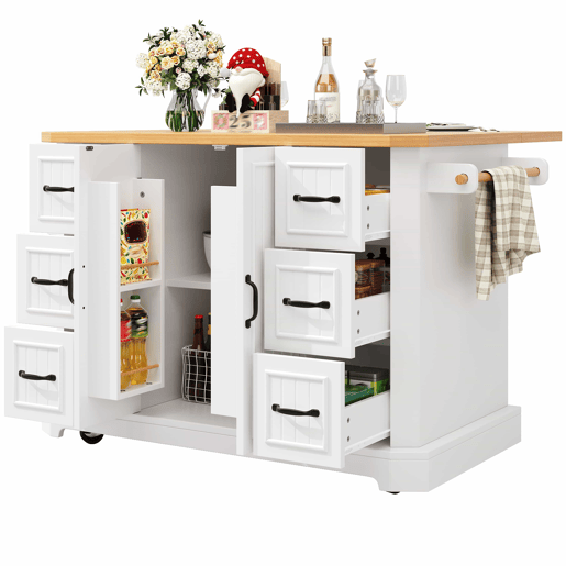 Ilha de cozinha móvel 120x45x91 cm - 2 portas, 6 gavetas, rodas - Branco