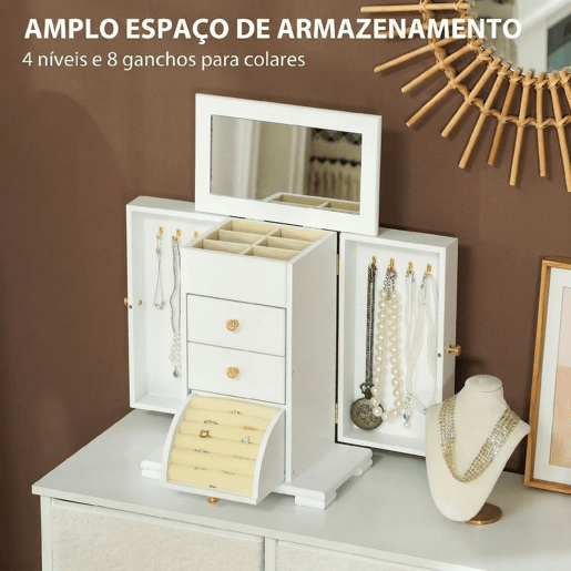 HOMCOM Organizador de Joias de 4 Níveis, Grande Organizador para Mulher com 2 Gavetas, Espelho, Portas Laterais Giratórias com Ganchos, para Brincos, Anéis e Colares, Branco HOMCOM Organizador de Joias de 4 Níveis, Grande Organizador para Mulher com 2 Gavetas, Espelho, Portas Laterais Giratórias com Ganchos, para Brincos, Anéis e Colares, Branco