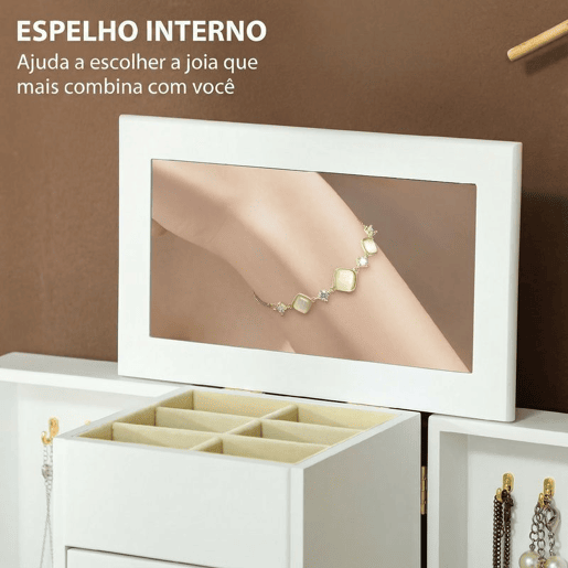 HOMCOM Organizador de Joias de 4 Níveis, Grande Organizador para Mulher com 2 Gavetas, Espelho, Portas Laterais Giratórias com Ganchos, para Brincos, Anéis e Colares, Branco HOMCOM Organizador de Joias de 4 Níveis, Grande Organizador para Mulher com 2 Gavetas, Espelho, Portas Laterais Giratórias com Ganchos, para Brincos, Anéis e Colares, Branco