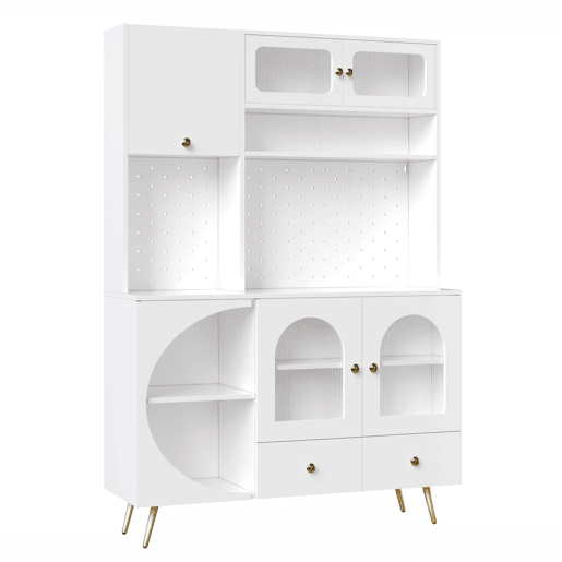 Aparador alto LED - com USB, tomadas, prateleiras de vidro e gaveta - Branco Aparador alto LED - com USB, tomadas, prateleiras de vidro e gaveta - Branco