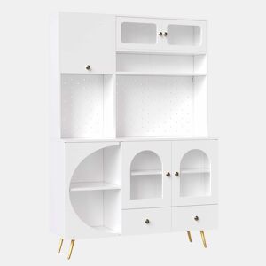 Aparador alto LED - com USB, tomadas, prateleiras de vidro e gaveta - Branco