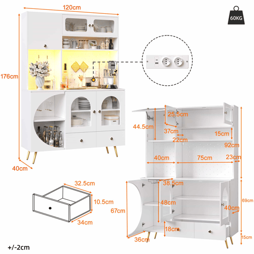 Aparador alto LED - com USB, tomadas, prateleiras de vidro e gaveta - Branco Aparador alto LED - com USB, tomadas, prateleiras de vidro e gaveta - Branco