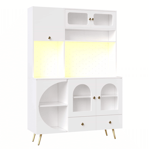Aparador alto LED - com USB, tomadas, prateleiras de vidro e gaveta - Branco Aparador alto LED - com USB, tomadas, prateleiras de vidro e gaveta - Branco