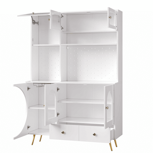 Aparador alto LED - com USB, tomadas, prateleiras de vidro e gaveta - Branco Aparador alto LED - com USB, tomadas, prateleiras de vidro e gaveta - Branco
