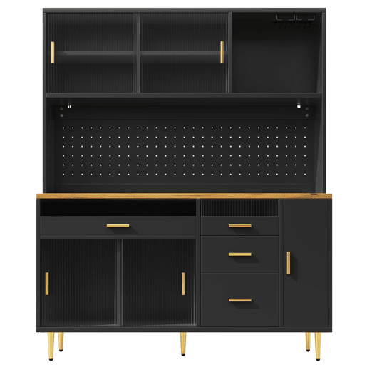 Armário alto para sala 145x24x171 cm - com LED e prateleiras perfuradas - preto