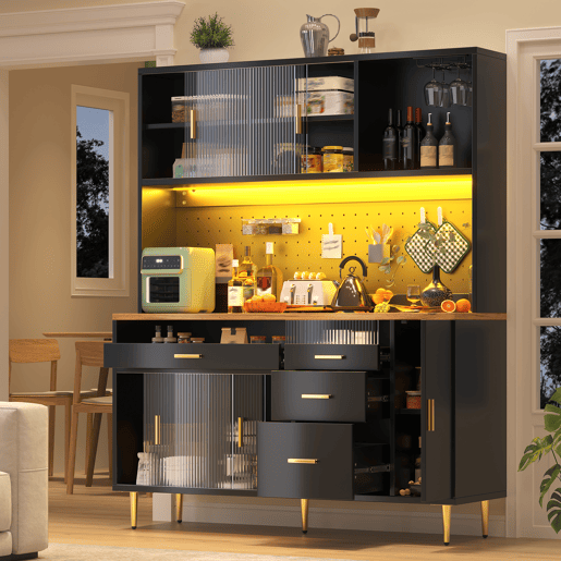 Armário alto para sala 145x24x171 cm - com LED e prateleiras perfuradas - preto