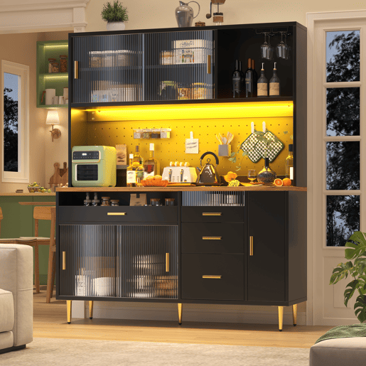 Armário alto para sala 145x24x171 cm - com LED e prateleiras perfuradas - preto