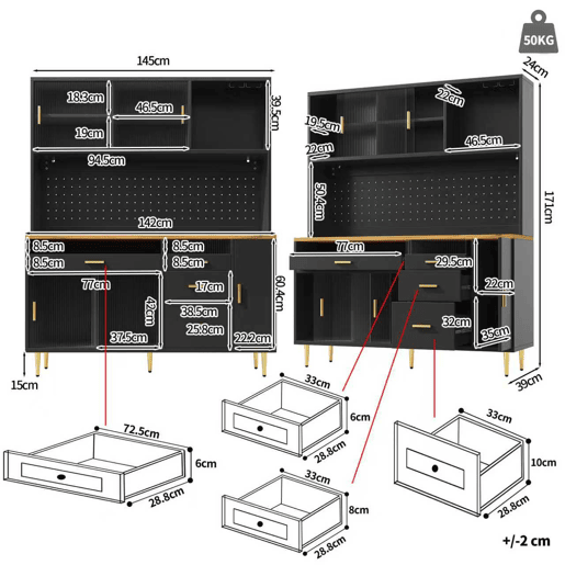 Armário alto para sala 145x24x171 cm - com LED e prateleiras perfuradas - preto