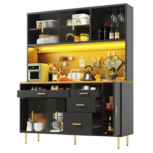 Armário alto para sala 145x24x171 cm - com LED e prateleiras perfuradas - preto