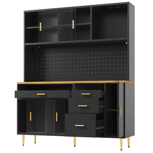 Armário alto para sala 145x24x171 cm - com LED e prateleiras perfuradas - preto