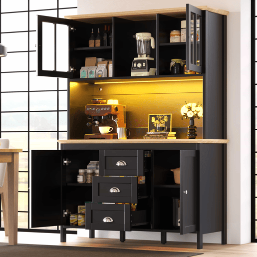 Armário alto 120x40x179 cm - 4 portas, 3 gavetas, LED - Preto Armário alto 120x40x179 cm - 4 portas, 3 gavetas, LED - Preto