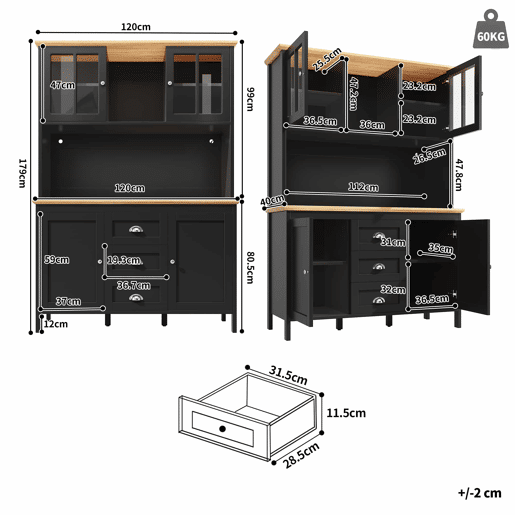 Armário alto 120x40x179 cm - 4 portas, 3 gavetas, LED - Preto Armário alto 120x40x179 cm - 4 portas, 3 gavetas, LED - Preto