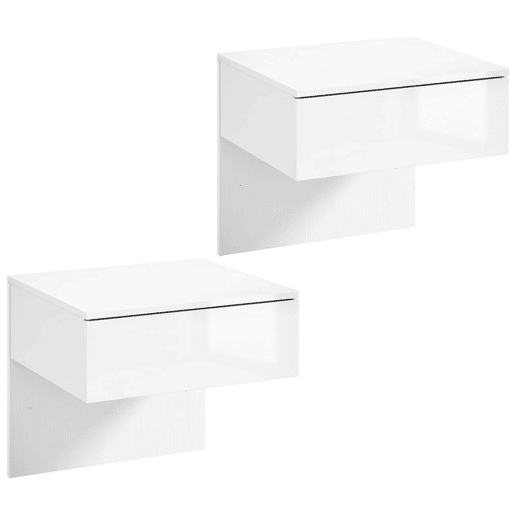 Conjunto de 2 Mesas de Cabeceira Suspensas HOMCOM, Mesa de Cabeceira Moderna com Gaveta de Armazenamento, Mesa Lateral para Quarto, Branco Alto Brilho