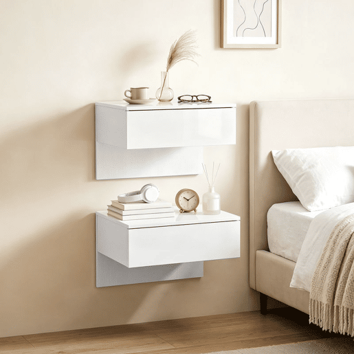 Conjunto de 2 Mesas de Cabeceira Suspensas HOMCOM, Mesa de Cabeceira Moderna com Gaveta de Armazenamento, Mesa Lateral para Quarto, Branco Alto Brilho