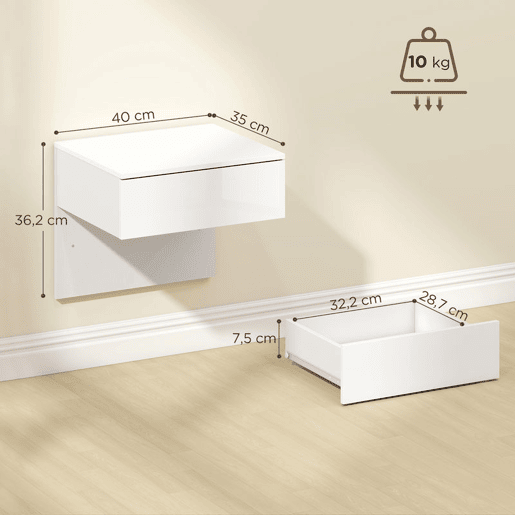 Conjunto de 2 Mesas de Cabeceira Suspensas HOMCOM, Mesa de Cabeceira Moderna com Gaveta de Armazenamento, Mesa Lateral para Quarto, Branco Alto Brilho