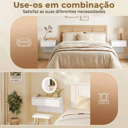 Conjunto de 2 Mesas de Cabeceira Suspensas HOMCOM, Mesa de Cabeceira Moderna com Gaveta de Armazenamento, Mesa Lateral para Quarto, Branco Alto Brilho