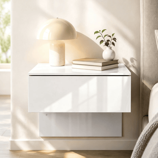 Conjunto de 2 Mesas de Cabeceira Suspensas HOMCOM, Mesa de Cabeceira Moderna com Gaveta de Armazenamento, Mesa Lateral para Quarto, Branco Alto Brilho