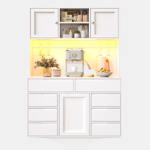 Armário alto moderno 120×40×183,5 cm - LED, 8 gavetas, USB, prateleiras ajustáveis - Branco