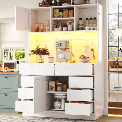 Armário alto moderno 120×40×183,5 cm - LED, 8 gavetas, USB, prateleiras ajustáveis - Branco Armário alto moderno 120×40×183,5 cm - LED, 8 gavetas, USB, prateleiras ajustáveis - Branco