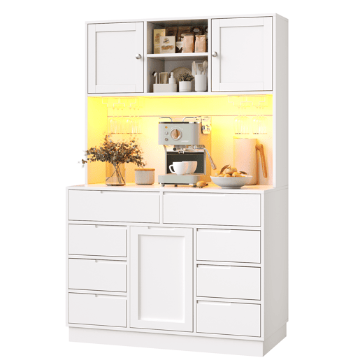 Armário alto moderno 120×40×183,5 cm - LED, 8 gavetas, USB, prateleiras ajustáveis - Branco Armário alto moderno 120×40×183,5 cm - LED, 8 gavetas, USB, prateleiras ajustáveis - Branco
