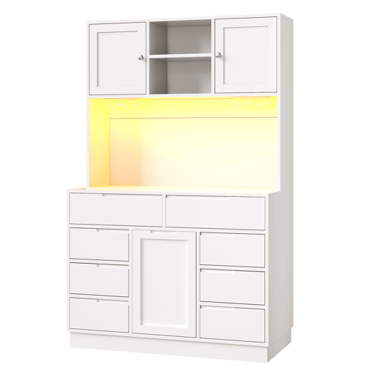 Armário alto moderno 120×40×183,5 cm - LED, 8 gavetas, USB, prateleiras ajustáveis - Branco Armário alto moderno 120×40×183,5 cm - LED, 8 gavetas, USB, prateleiras ajustáveis - Branco