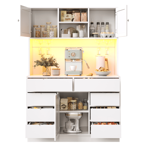 Armário alto moderno 120×40×183,5 cm - LED, 8 gavetas, USB, prateleiras ajustáveis - Branco Armário alto moderno 120×40×183,5 cm - LED, 8 gavetas, USB, prateleiras ajustáveis - Branco