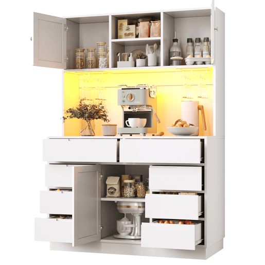 Armário alto moderno 120×40×183,5 cm - LED, 8 gavetas, USB, prateleiras ajustáveis - Branco Armário alto moderno 120×40×183,5 cm - LED, 8 gavetas, USB, prateleiras ajustáveis - Branco
