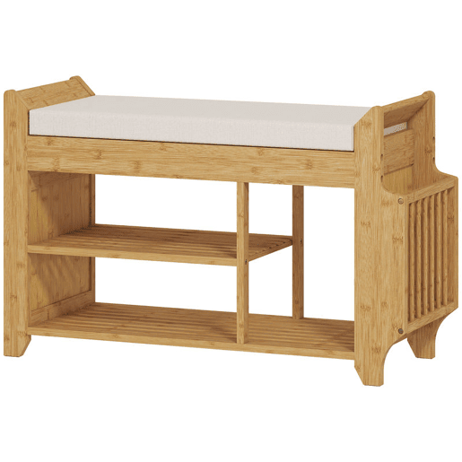 HOMCOM Banco Sapateira Banco de Entrada com Assento Acolchoado Arrumação Lateral Prateleira para Botas Estrutura de Bambu para Entrada Corredor Sala 80x30x50 cm Madeira e Bege HOMCOM Banco Sapateira Banco de Entrada com Assento Acolchoado Arrumação Lateral Prateleira para Botas Estrutura de Bambu para Entrada Corredor Sala 80x30x50 cm Madeira e Bege