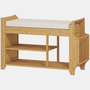 HOMCOM Banco Sapateira Banco de Entrada com Assento Acolchoado Arrumação Lateral Prateleira para Botas Estrutura de Bambu para Entrada Corredor Sala 80x30x50 cm Madeira e Bege