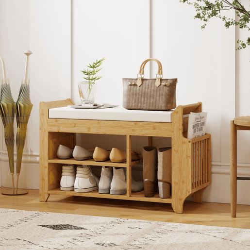 HOMCOM Banco Sapateira Banco de Entrada com Assento Acolchoado Arrumação Lateral Prateleira para Botas Estrutura de Bambu para Entrada Corredor Sala 80x30x50 cm Madeira e Bege HOMCOM Banco Sapateira Banco de Entrada com Assento Acolchoado Arrumação Lateral Prateleira para Botas Estrutura de Bambu para Entrada Corredor Sala 80x30x50 cm Madeira e Bege