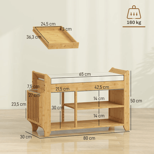 HOMCOM Banco Sapateira Banco de Entrada com Assento Acolchoado Arrumação Lateral Prateleira para Botas Estrutura de Bambu para Entrada Corredor Sala 80x30x50 cm Madeira e Bege HOMCOM Banco Sapateira Banco de Entrada com Assento Acolchoado Arrumação Lateral Prateleira para Botas Estrutura de Bambu para Entrada Corredor Sala 80x30x50 cm Madeira e Bege
