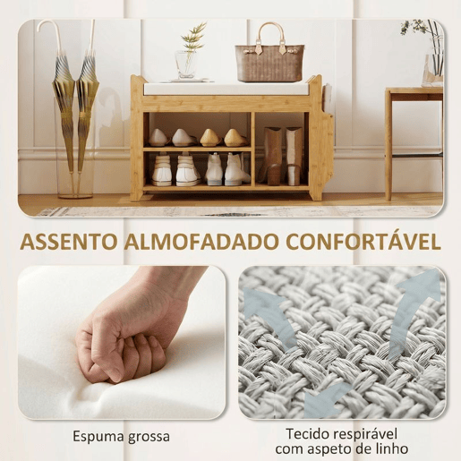 HOMCOM Banco Sapateira Banco de Entrada com Assento Acolchoado Arrumação Lateral Prateleira para Botas Estrutura de Bambu para Entrada Corredor Sala 80x30x50 cm Madeira e Bege HOMCOM Banco Sapateira Banco de Entrada com Assento Acolchoado Arrumação Lateral Prateleira para Botas Estrutura de Bambu para Entrada Corredor Sala 80x30x50 cm Madeira e Bege