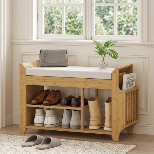 HOMCOM Banco Sapateira Banco de Entrada com Assento Acolchoado Arrumação Lateral Prateleira para Botas Estrutura de Bambu para Entrada Corredor Sala 80x30x50 cm Madeira e Bege HOMCOM Banco Sapateira Banco de Entrada com Assento Acolchoado Arrumação Lateral Prateleira para Botas Estrutura de Bambu para Entrada Corredor Sala 80x30x50 cm Madeira e Bege