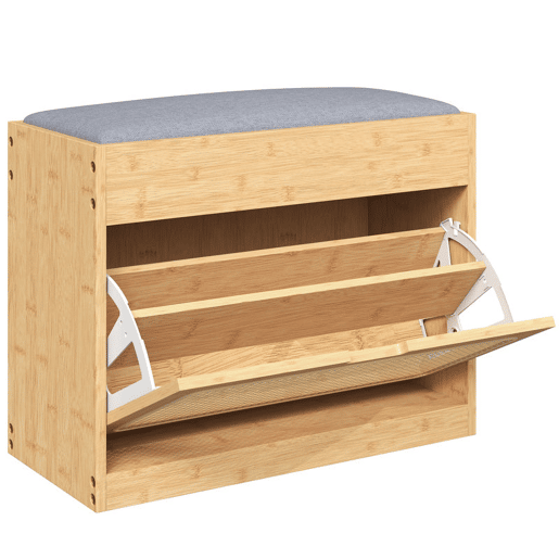 HOMCOM Banco Sapateira Banco de Entrada com Assento Acolchoado Gaveta Basculante Porta de Vime Prateleira Ajustável, para Entrada, Corredor Sala 63x29x48 cm Madeira e Cinzento