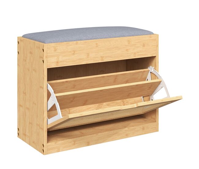 Homcom banco zapatero, banco recibidor con asiento acolchado, cajón abatible, puerta de ratán, estante ajustable, para entrada, pasillo, salón, 63x29x48 cm, natural y gris