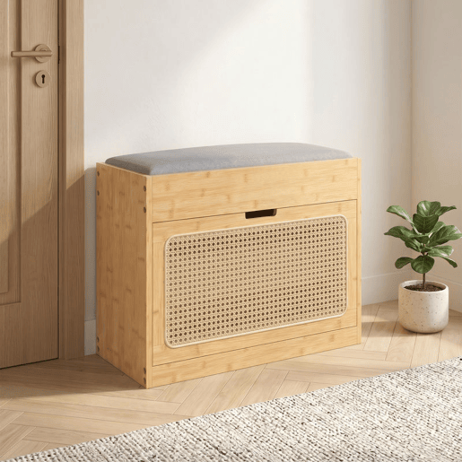 HOMCOM Banco Sapateira Banco de Entrada com Assento Acolchoado Gaveta Basculante Porta de Vime Prateleira Ajustável, para Entrada, Corredor Sala 63x29x48 cm Madeira e Cinzento