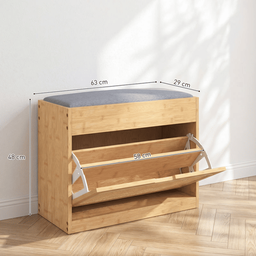 HOMCOM Banco Sapateira Banco de Entrada com Assento Acolchoado Gaveta Basculante Porta de Vime Prateleira Ajustável, para Entrada, Corredor Sala 63x29x48 cm Madeira e Cinzento