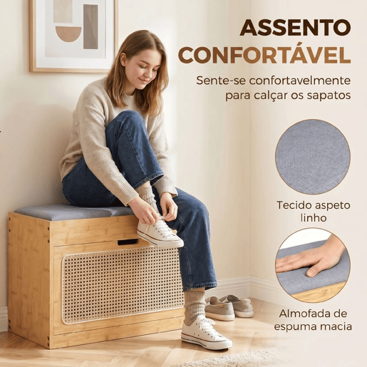 HOMCOM Banco Sapateira Banco de Entrada com Assento Acolchoado Gaveta Basculante Porta de Vime Prateleira Ajustável, para Entrada, Corredor Sala 63x29x48 cm Madeira e Cinzento