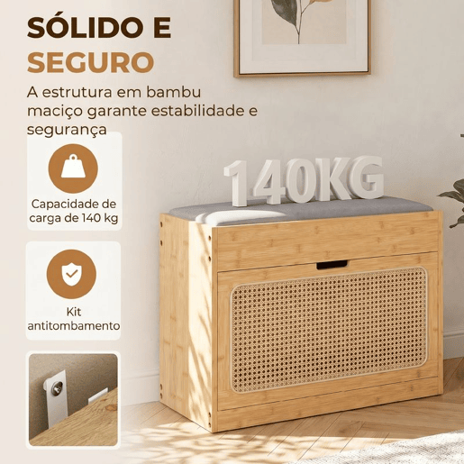 HOMCOM Banco Sapateira Banco de Entrada com Assento Acolchoado Gaveta Basculante Porta de Vime Prateleira Ajustável, para Entrada, Corredor Sala 63x29x48 cm Madeira e Cinzento